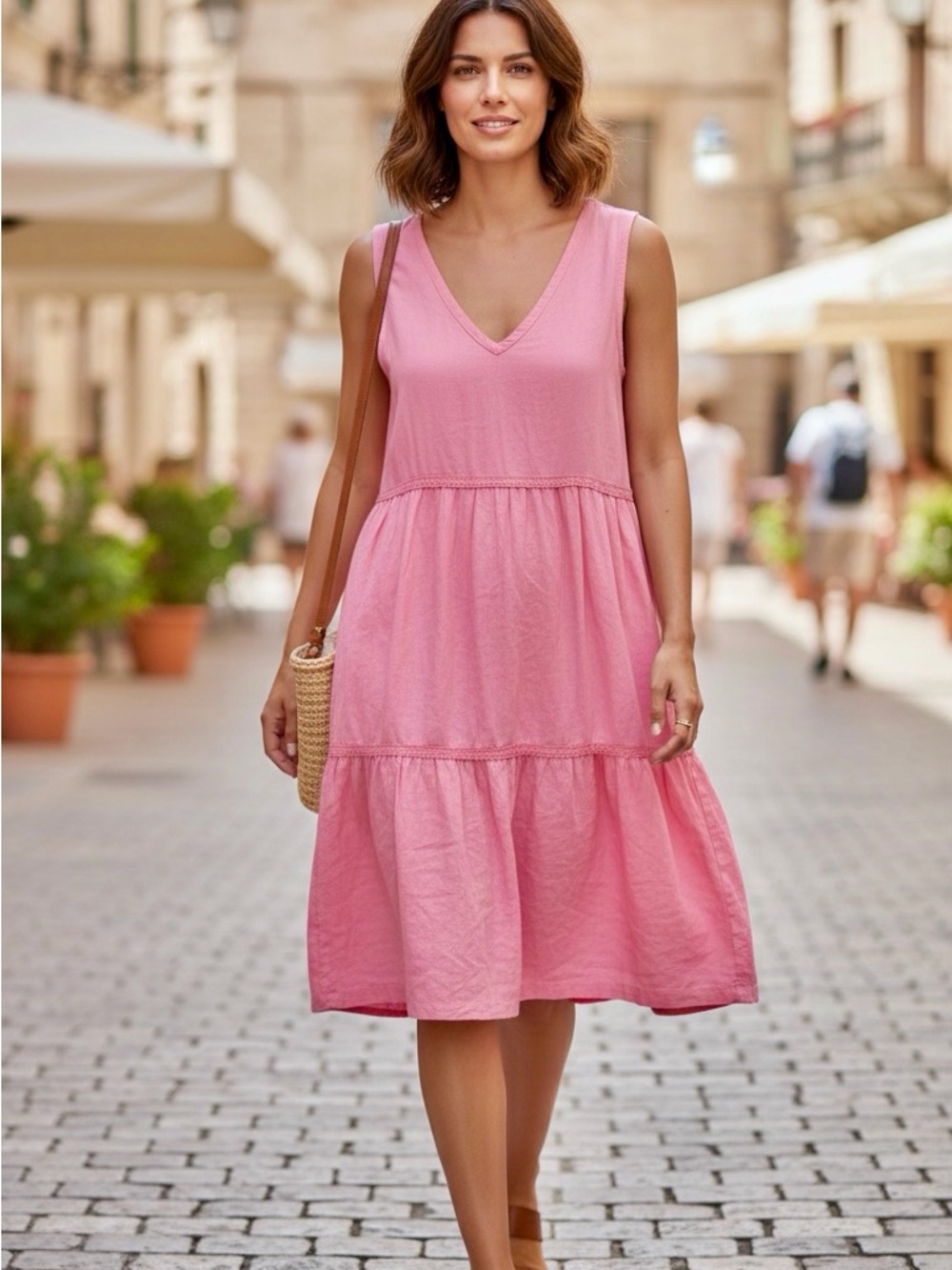 Lucky Brand Pink 100% Linen Tiered V Neck Midi Dress Size S
